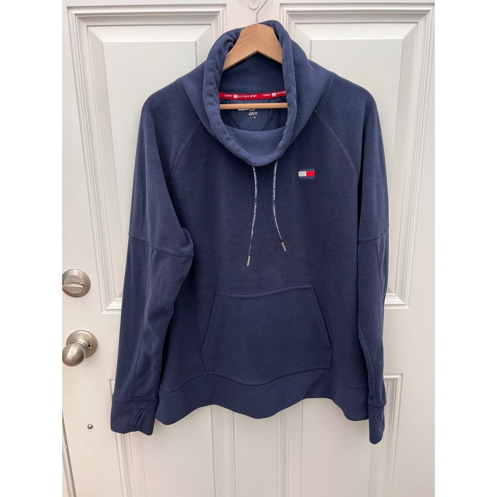 Tommy Hilfiger Sport Womens Navy Cowl Neck Fleece Pullover Thumbhole Large